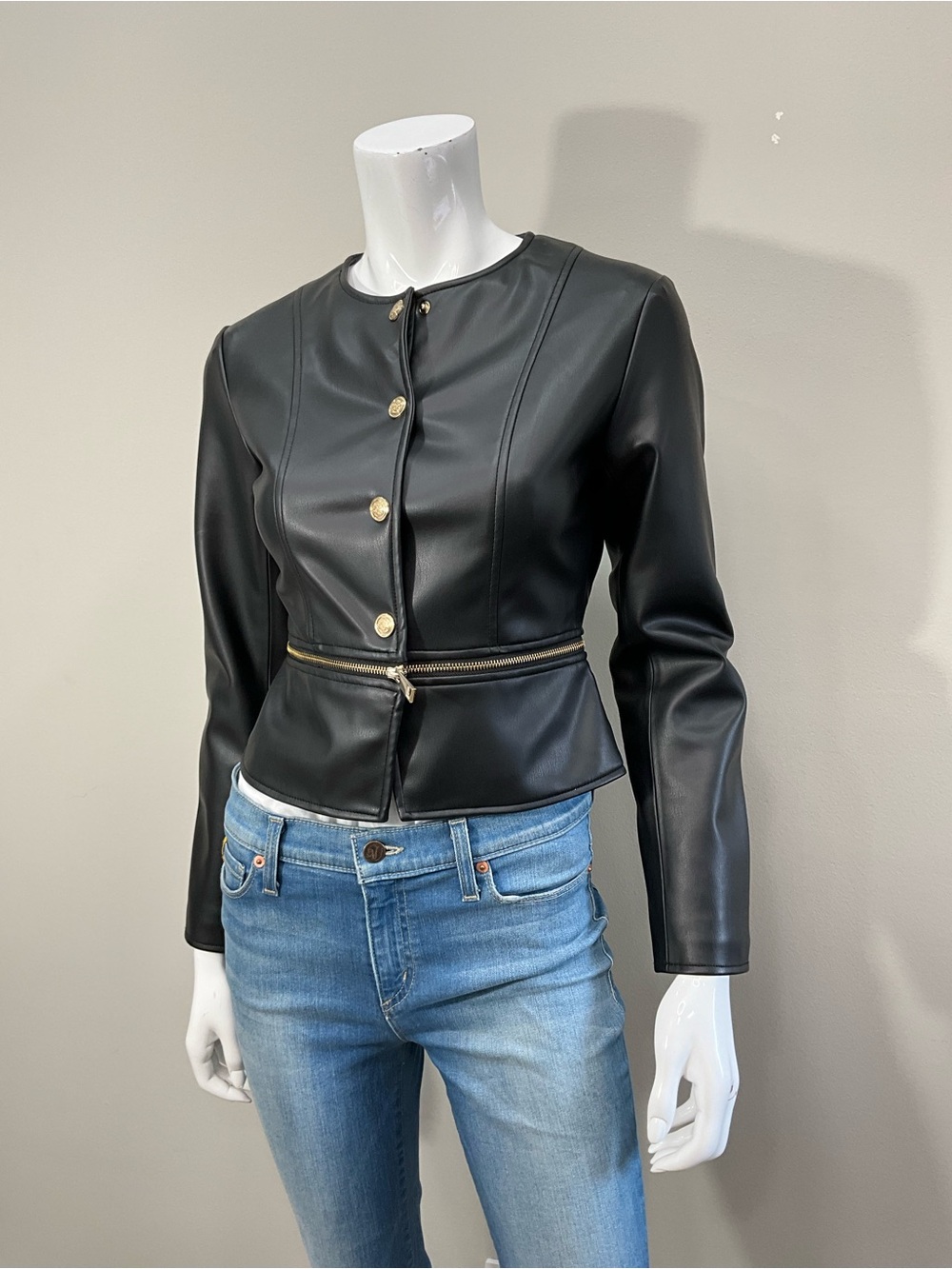 ZARA Black Faux Leather Peplum Moto Jacket Gold Buttons Zip Waist XS Like New